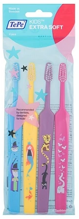 TePe Kids Extra Soft Dantų šepetėlis ypač minkšti dantų šepetėliai vaikams, 4 vnt. (spalva gali skirtis)