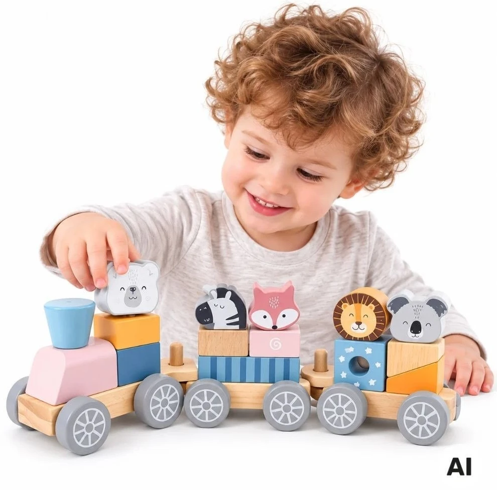 Viga Toys Medinis traukinukas Viga, su blokeliais