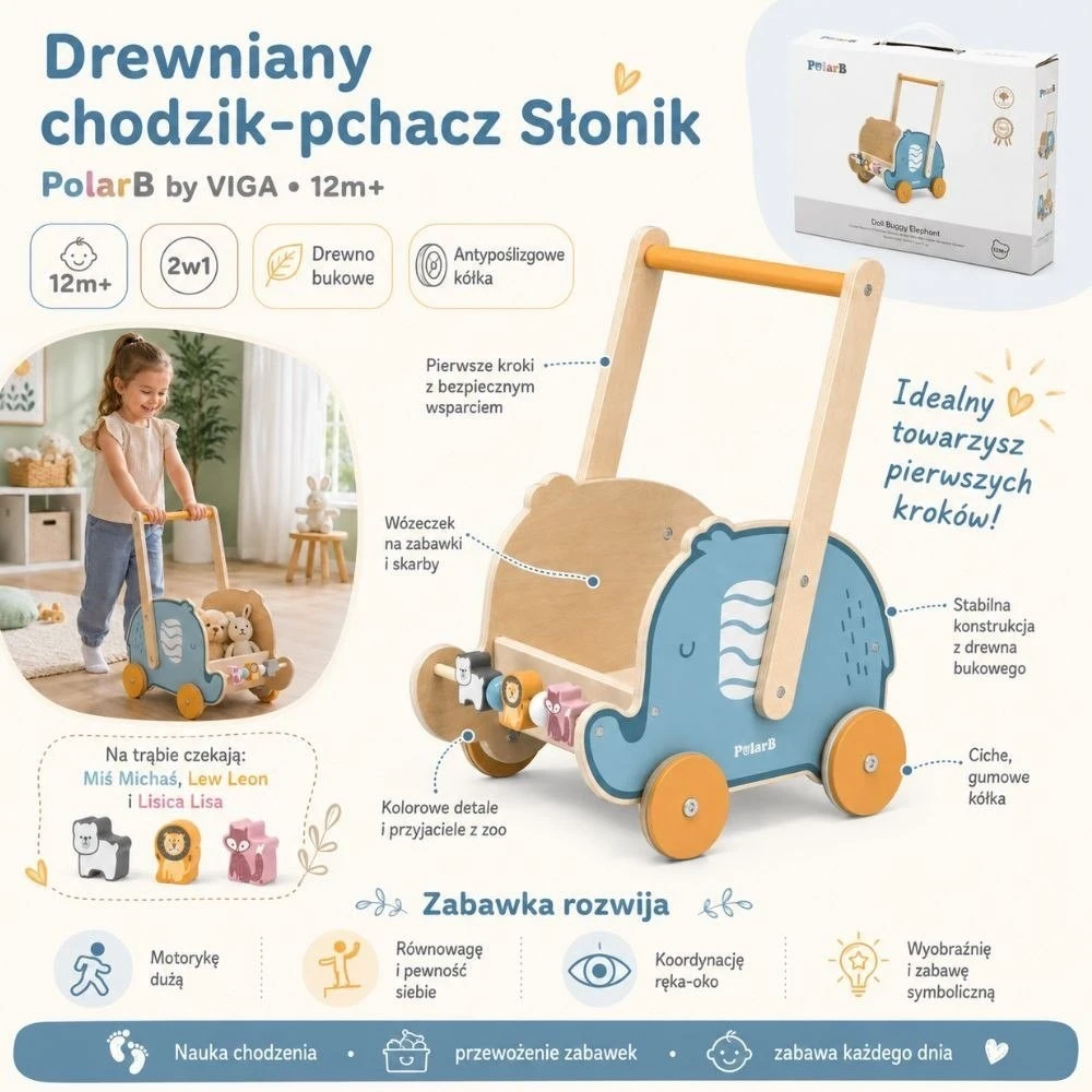 Viga Toys Vaikštynė-stūmdukas Viga, 2 viename funkcija