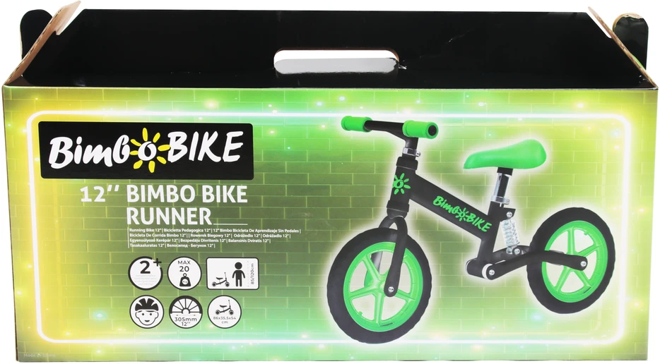 Bimbo Bike Vaikiškas balansinis dviratis 12" „ANTI-SHOCK RUNNER“, žalia/juoda