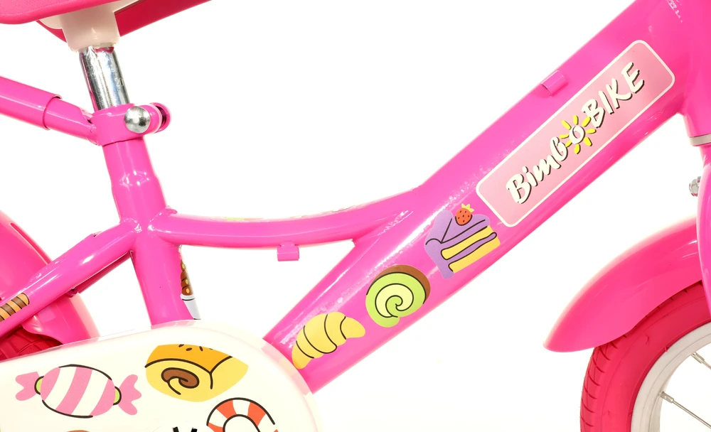 Bimbo Bike Vaikiškas dviratis 12" mergaitėms, rožinis su keksiukų ir saldumynų dizainu