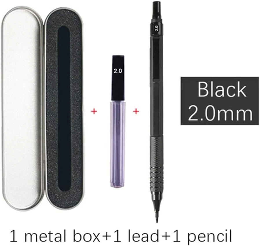 0.3 0.5 0.7 2.0 mm automatiniai pieštukai meniniam piešimui žemas svorio centras suspaudimo spyruoklė metalinis mechaninis pieštukas su dovanų dėžute (1 juoda 2.0 dovanų dėžutė)