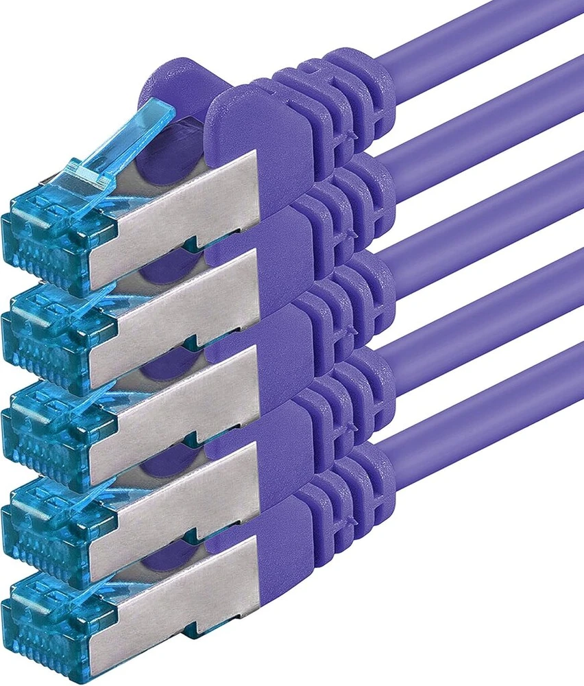 0,5 m - Cat6a - Tinklo kabelių rinkinys | violetinė - 5 vienetai | Cat 6a | S-ftp | dvigubai ekranuotas | Pimf | 500mhz | patch kabelis | suderinamas su Cat 5 / Cat 6 / Cat 7 | 10gbase-t - 10000 Mbps | skirtas jungikliui, maršrutizatoriui, internetui, Xbo