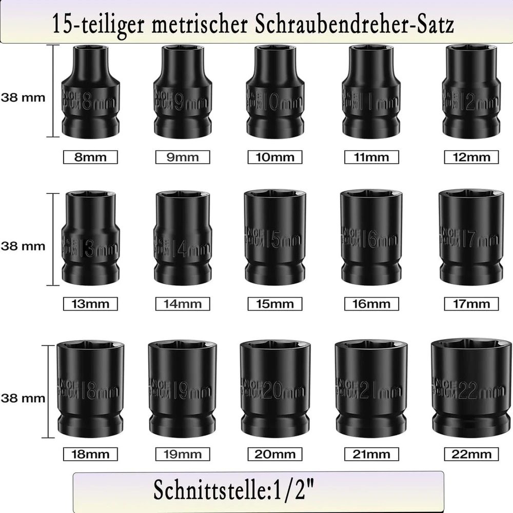 1/2 colio smūginių galvučių rinkinys, 15 dalių, metrinis 8-22 mm, 6 briaunų Cr-v plieno lydinys, skirtas automobilių remontui, lengvai įskaitomi matmenų žymėjimai, tvirta konstrukcija, laikymo dėklas