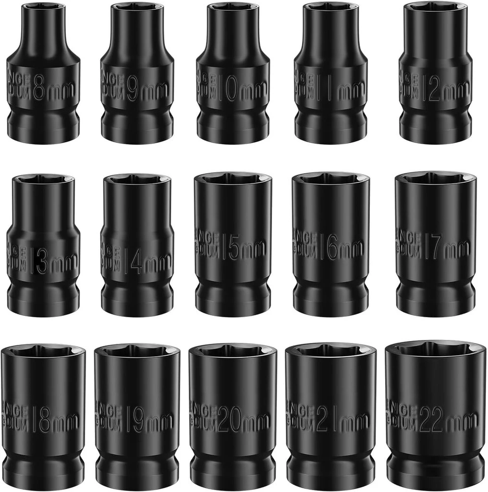 1/2 colio smūginių galvučių rinkinys, 15 dalių, metrinis 8-22 mm, 6 briaunų Cr-v plieno lydinys, skirtas automobilių remontui, lengvai įskaitomi matmenų žymėjimai, tvirta konstrukcija, laikymo dėklas