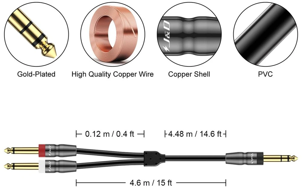 1/4" Trs į 2x 6.35mm Ts Stereo Y Splitter Kabelis, 4.5m