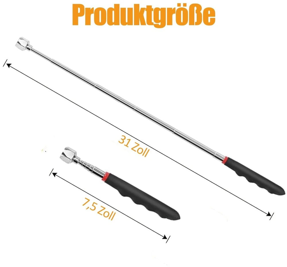 1 x teleskopinis magnetinis keltuvas, 7,2kg (16 lb) magnetinis strypas, teleskopas, 78,5 cm, ištraukiami vinys ir varžtai, paėmimo strypas, teleskopinis strypas, stiprus magnetinis strypo rašiklio įrankis