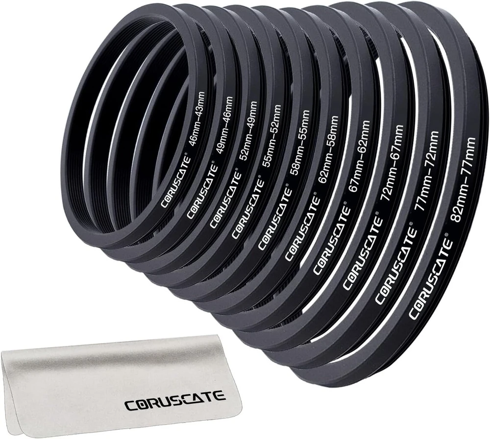 10 dalių (82 ~ 43 mm) filtro žiedų adapterių rinkinys, skirtas visų markių žiedų mažinimo rinkiniui, uv nd cpl 82-77 mm/77-72 mm/72-67 mm/67-62 mm/62-58 mm/58-55 mm/55-52 mm/52-49 mm/49-46 mm/46-43 mm + objektyvo valymas