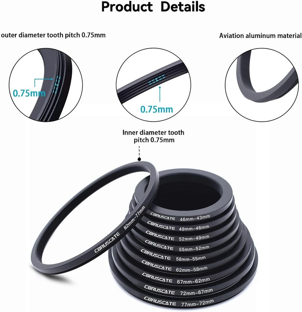 10 dalių (82 ~ 43 mm) filtro žiedų adapterių rinkinys, skirtas visų markių žiedų mažinimo rinkiniui, uv nd cpl 82-77 mm/77-72 mm/72-67 mm/67-62 mm/62-58 mm/58-55 mm/55-52 mm/52-49 mm/49-46 mm/46-43 mm + objektyvo valymas