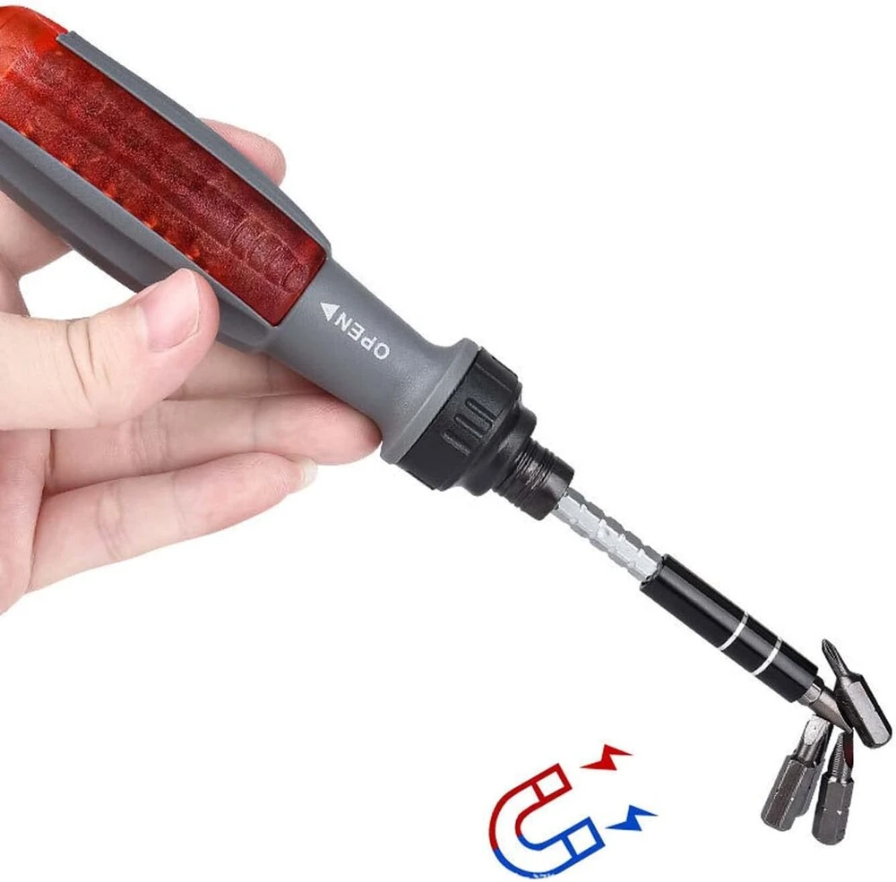 10-in-1 reketinis atsuktuvų rinkinys su magnetiniu antgaliu, gali būti naudojamas baldų, automobilių, kompiuterių ir elektronikos gaminių remontui. (12 in 1)