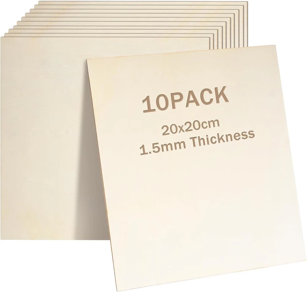 10 medinių plokščių amatams, 200x200x1.5 mm, faneros ruošiniai