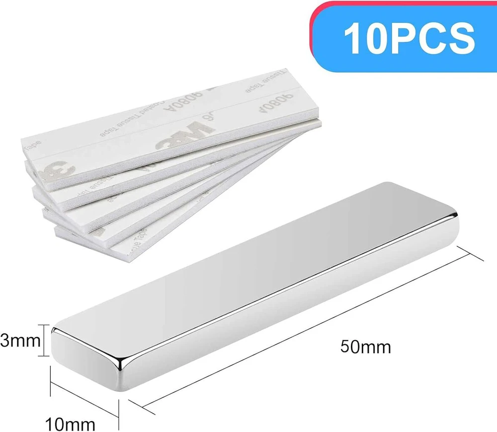10 neodimio magnetų rinkinys, retųjų žemių magnetai su lipnia danga, 50 x 10 x 3 mm, apvalūs ir ypač stiprūs n52 magnetai skirti lentai, šaldytuvui, nuotraukoms, magnetinėms juostelėms, magnetinei lentai, nuotraukų virvei