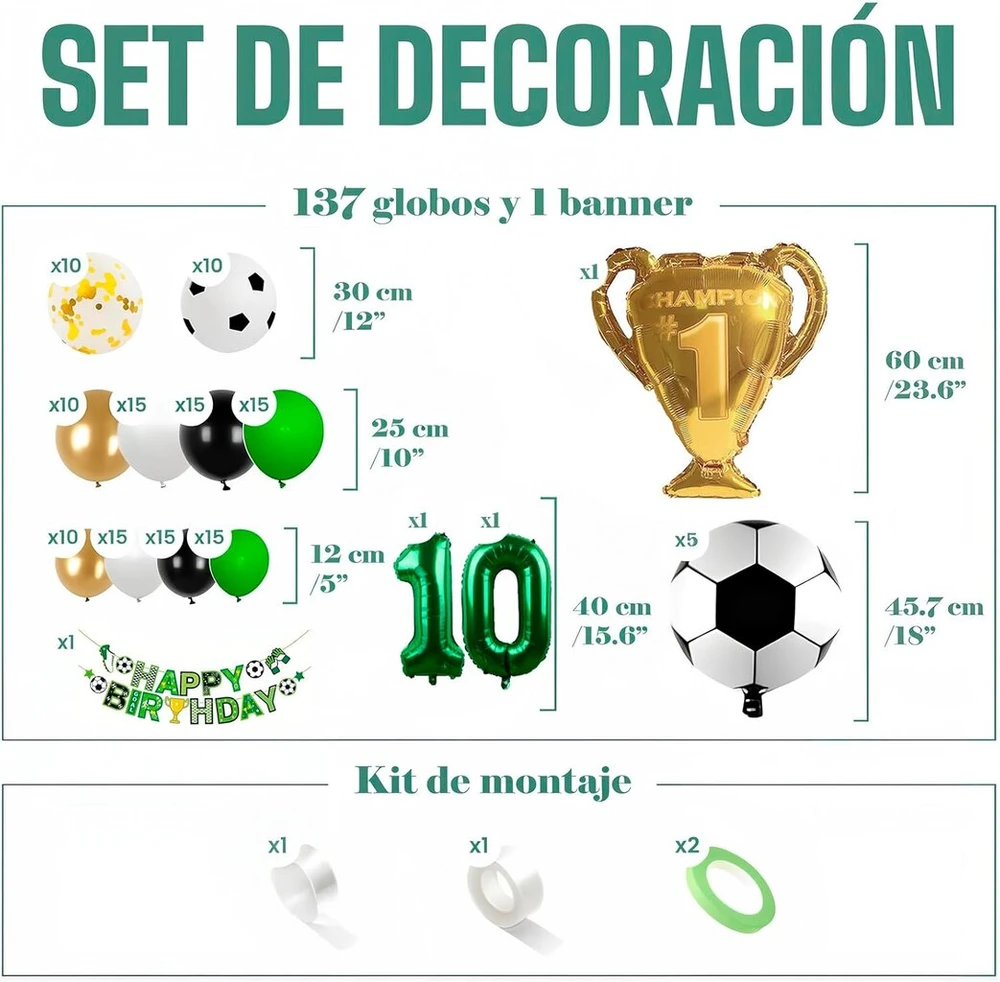 10-ojo gimtadienio dekoracijos futbolo gerbėjams, 10 metų balionai futbolo tema, 10 metų dekoracija, 10-ojo gimtadienio balionai su auksiniu trofėjumi ir "happy Birthday" baneriu