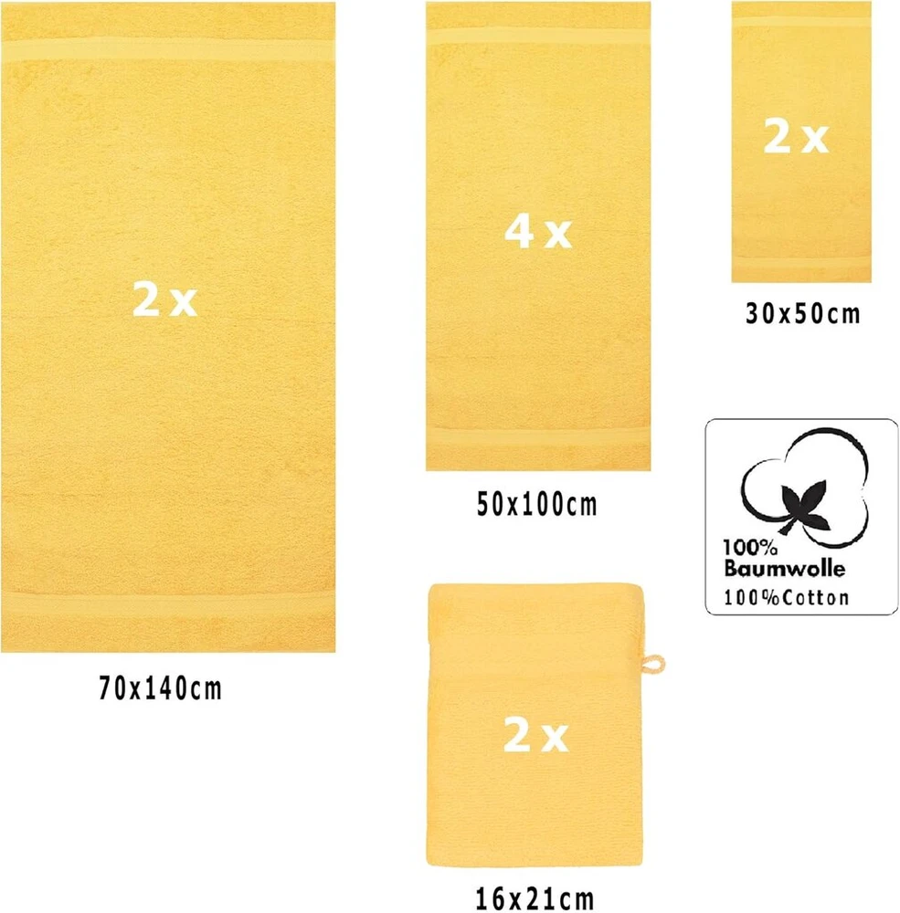 Rankšluostis 10 rankšluosčių rinkinys Betz Premium Quality, 470 g/m², saulės geltonumo: du vonios rankšluosčiai 70 x 140 cm / keturi rankšluosčiai 50 x 100 cm / du rankšluosčiai svečiams 30 x 50 cm / dvi prausimosi pirštinės 17 x 22 cm