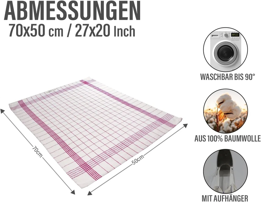 Rankšluostis 10 raudonų languotų arbatinių rankšluosčių rinkinys – sugeriantys ir 100% medvilniniai virtuvės + namų apyvokos reikmėms 50 x 70 cm – nepūkuoti medvilniniai arbatiniai ir virtuviniai rankšluosčiai, nesivelia, su praktiška pakabinimo kilpele, premium