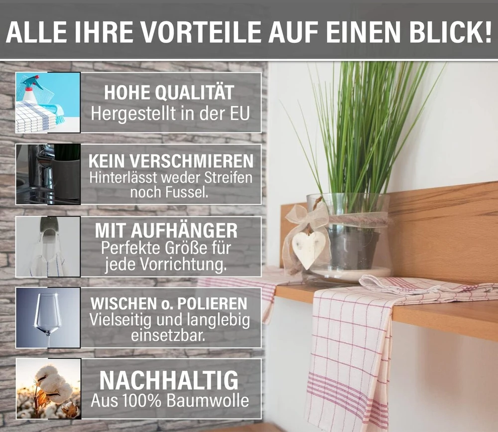 Rankšluostis 10 raudonų languotų arbatinių rankšluosčių rinkinys – sugeriantys ir 100% medvilniniai virtuvės + namų apyvokos reikmėms 50 x 70 cm – nepūkuoti medvilniniai arbatiniai ir virtuviniai rankšluosčiai, nesivelia, su praktiška pakabinimo kilpele, premium