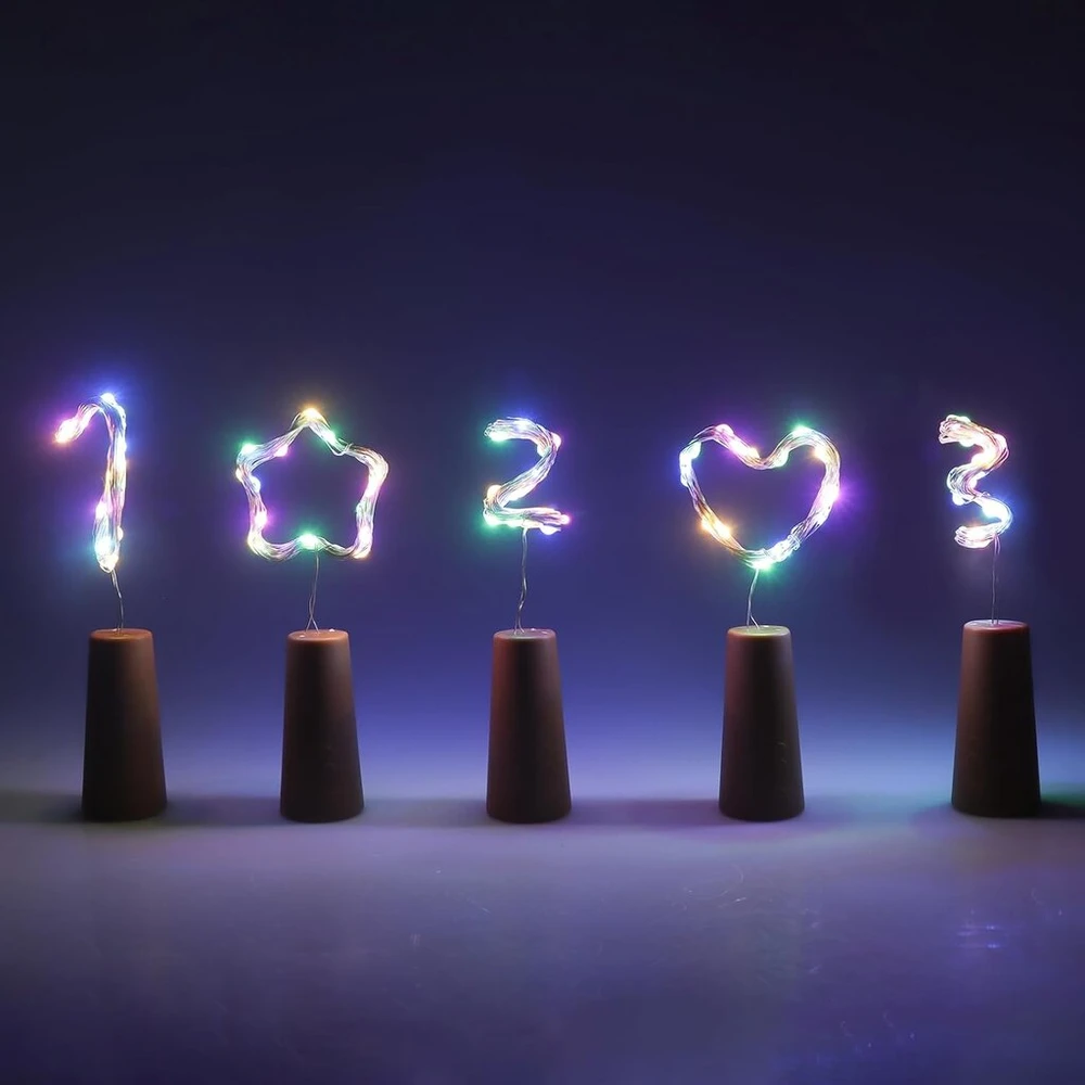 10 vnt. butelių švieselės su kamščiais, spalvotos, 2m, 20 Led