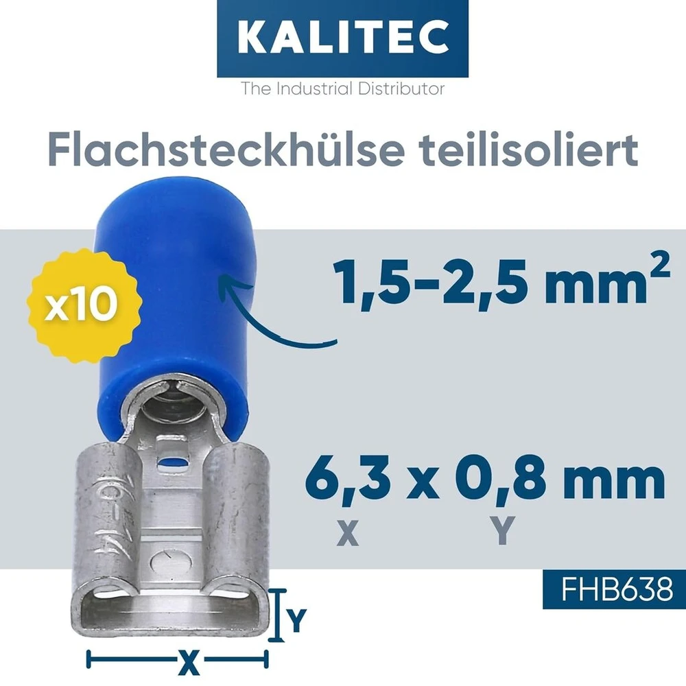 10 vnt. kalitec fhb638 plokštelinės jungtys mėlynos 6,3 x 0,8 kabelio jungtis i 1,5–2,5 mm² jungtis i iš dalies izoliuota i žalvaris i pvc mova i automobiliams ir pramonei