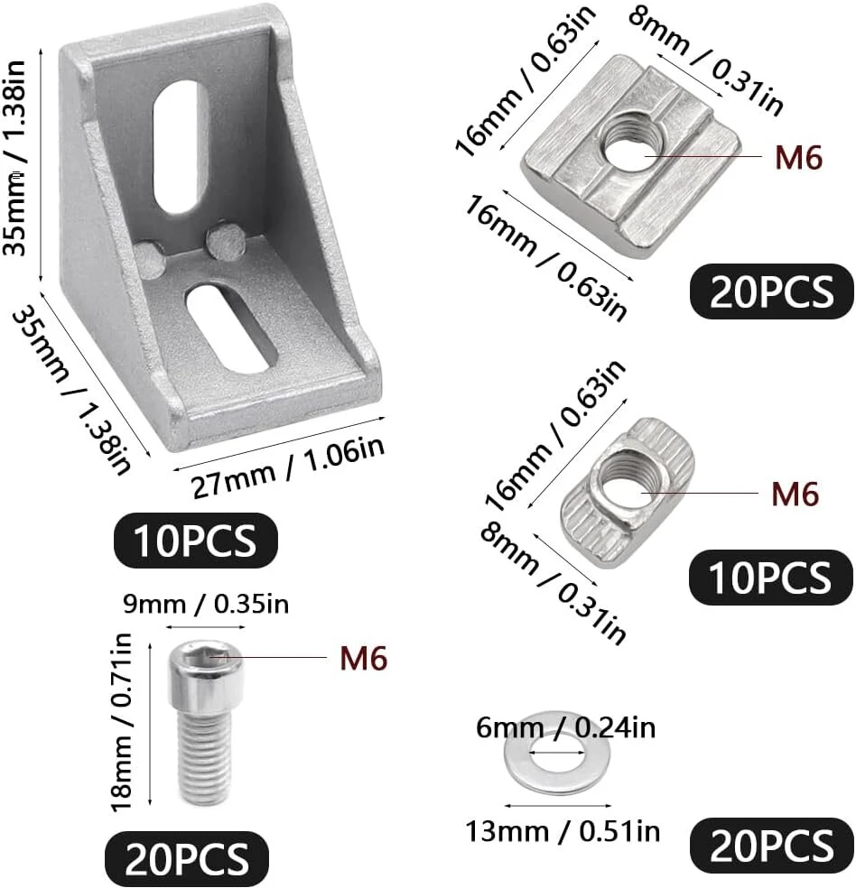 10 vnt. kampinių tvirtinimo medžiagų rinkinys, 90 laipsnių kampo jungtys, aliuminio profilis su priedais, skirtas tvirtinti 30 x 30 profilius, aliuminio 3d spausdintuvas, „pasidaryk pats“ projektai (6 griovelis)