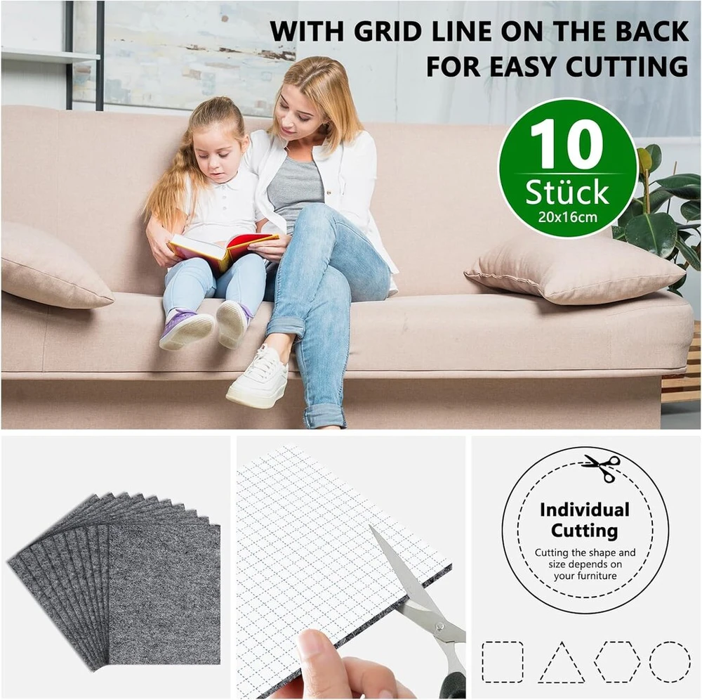 10 vnt. lipnių veltinio padėkliukų, 4 mm veltinio padėkliukai kėdėms, lipnūs veltinio kėdžių kojelių dangteliai, pilki baldų padėkliukai, galima karpyti bet kokią formą (20 x 16 cm)