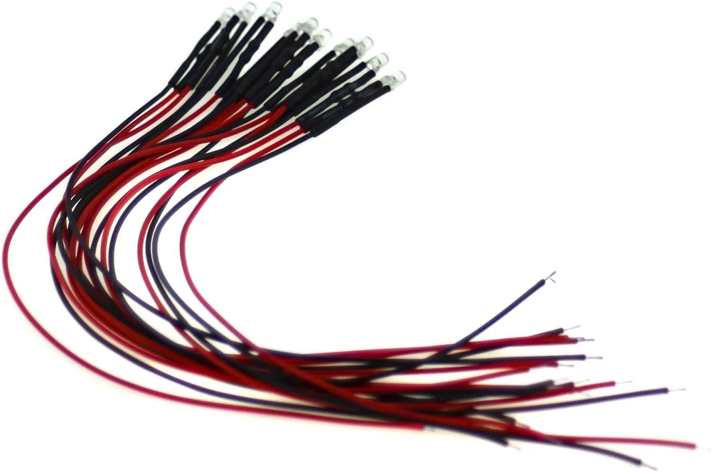 10 x 3 mm led, 12 voltų, šiltai balta (3000 k); su 20 cm jungiamuoju kabeliu ir integruotu nuolydžio rezistoriumi