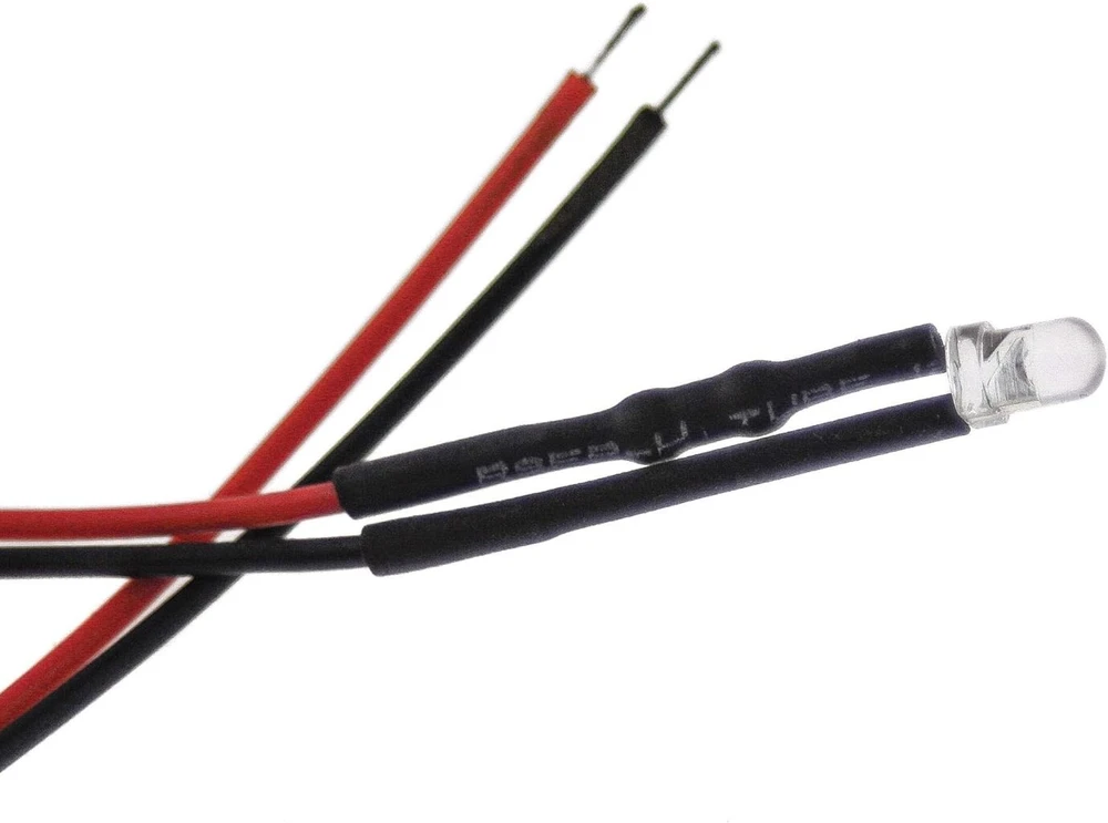 10 x 3 mm led, 12 voltų, šiltai balta (3000 k); su 20 cm jungiamuoju kabeliu ir integruotu nuolydžio rezistoriumi