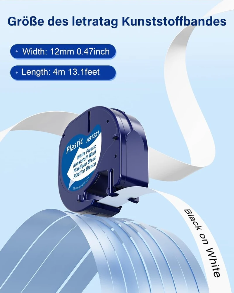 10 x 91221 baltos plastikinės 12 mm x 4 m juostelės, suderinamos su dymo letratag etikečių juostele, suderinamos su dymo etikečių juostele, plastikinė, balta etikečių juostelė, skirta letratag lt-100h lt-100t 200b xr xm
