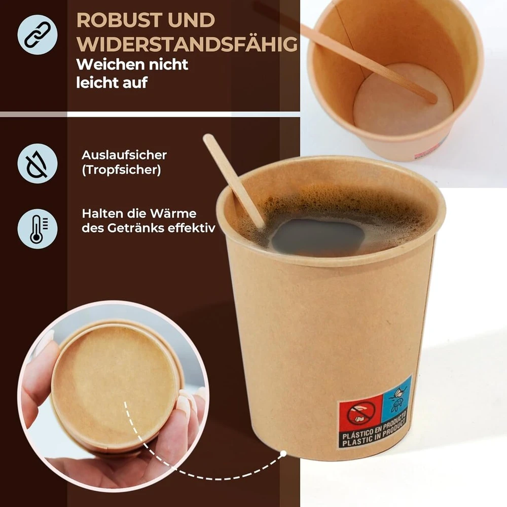 100 vienkartinių kraft popierinių puodelių 210 ml / 7 oz, tvirti, nepralaidūs, idealūs kavai, arbatai ir gaiviesiems gėrimams, bekvapiai kraft puodeliai