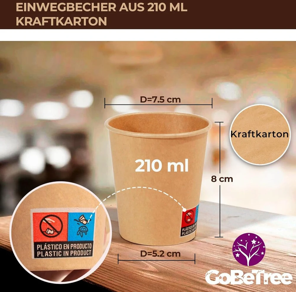 100 vienkartinių kraft popierinių puodelių 210 ml / 7 oz, tvirti, nepralaidūs, idealūs kavai, arbatai ir gaiviesiems gėrimams, bekvapiai kraft puodeliai