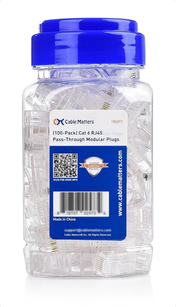 100 vnt. Cat 6 Rj45 jungtys su praeinančiu dizainu