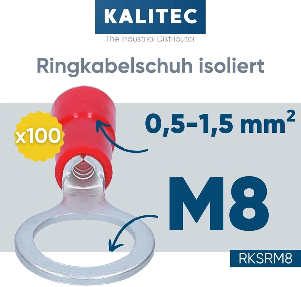 100 vnt. Kalitec Rksrm8 žiedinių kabelių antgalių rinkinys 0,5-1 mm² I iš dalies izoliuoti M8 raudoni I variniai I Pvc mova I skirti kabeliams ar laidams jungti I kabelio antgalis I kabelio jungtis I apsaugo elektros instaliaciją