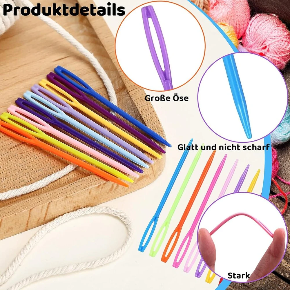 100 vnt. plastikinių siuvimo adatų, 7 cm, didelė akelė, spalvotos