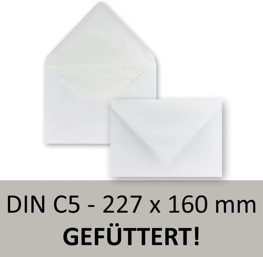 100 vokų C5 - balti - iškloti natūraliu baltu popieriumi - 100 g/m² - 22,7 x 16,0 cm - sudrėkinami klijai