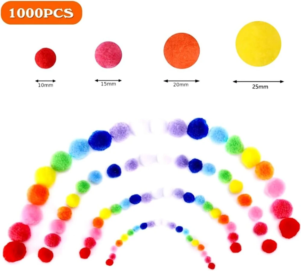 1000 vnt. pomponų rinkinys rankdarbiams - mini spalvingi pomponai 1–2,5 cm, pomponai rankdarbių gamybai, pomponų dekoracijos vakarėlių dekoravimui, pomponų kamuoliukai Velykoms, Kalėdoms, vaikams