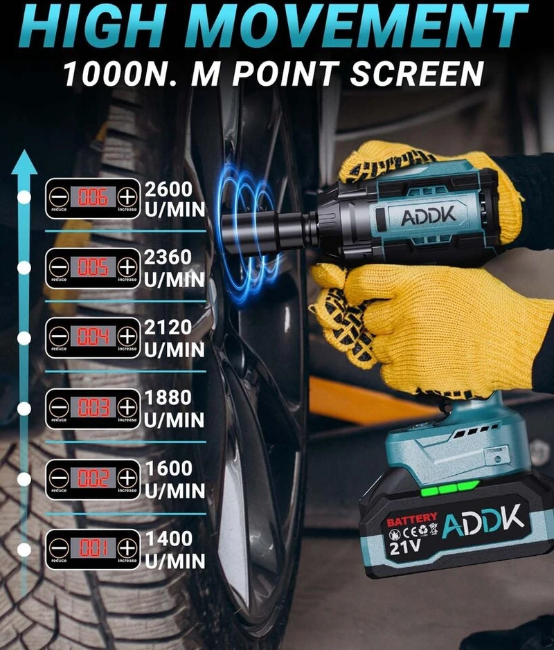 1000n.m akumuliatorinis smūginis veržliasukis 21 V 2 x 4.0 Ah akumuliatoriai bešepetinis smūginis veržliasukis 6 greičių transmisija 2600 Rpm rotacinis smūginis veržliasukis, elektrinis smūginis veržliasukis sunkvežimių automobilių padangų keitimui