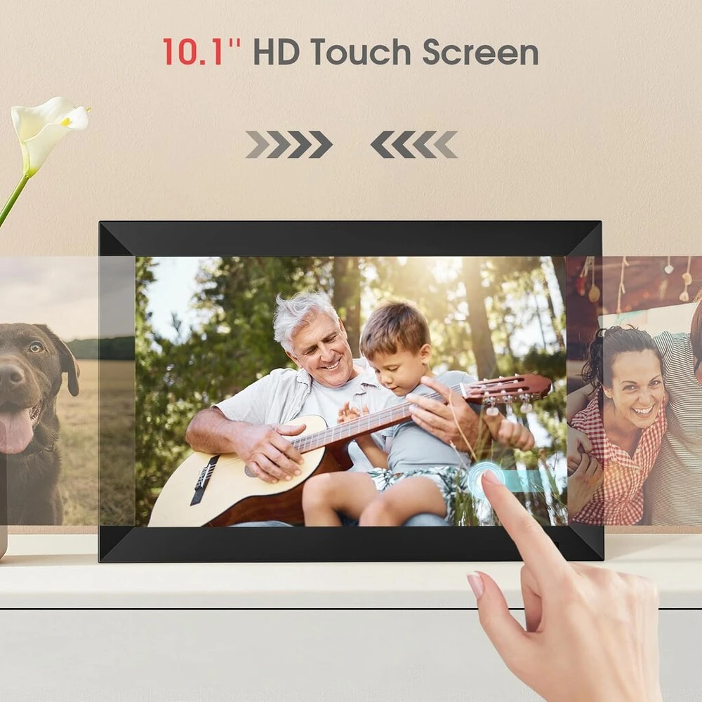 10,1 colio wifi skaitmeninis nuotraukų rėmelis su įmontuota 32 gb atmintimi, 1280 x 800 ips lcd jutikliniu ekranu, automatiniu pasukimu ir garso funkcija, lengvas ir greitas nuotraukų bei vaizdo įrašų bendrinimas