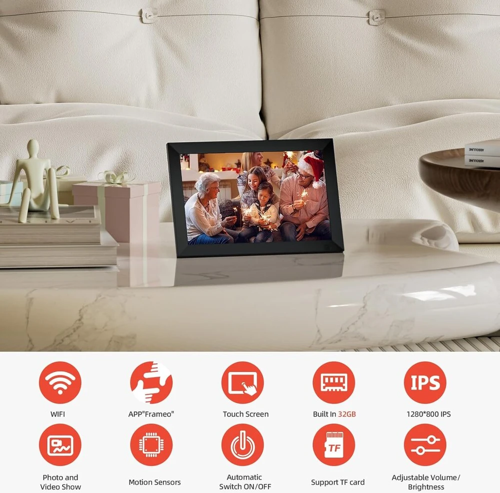 10,1 colio wifi skaitmeninis nuotraukų rėmelis su įmontuota 32 gb atmintimi, 1280 x 800 ips lcd jutikliniu ekranu, automatiniu pasukimu ir garso funkcija, lengvas ir greitas nuotraukų bei vaizdo įrašų bendrinimas