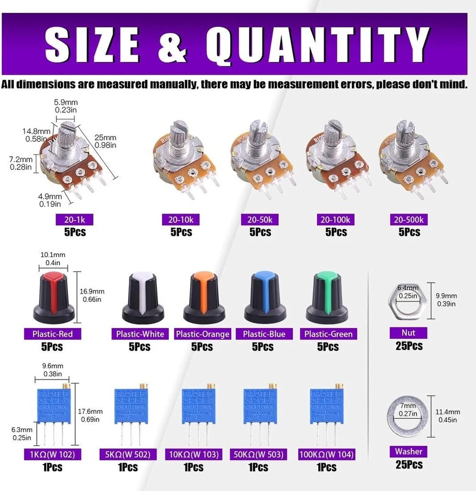 105 vnt. Potenciometrų rinkinys: B10k, B50k, B100k, B500k
