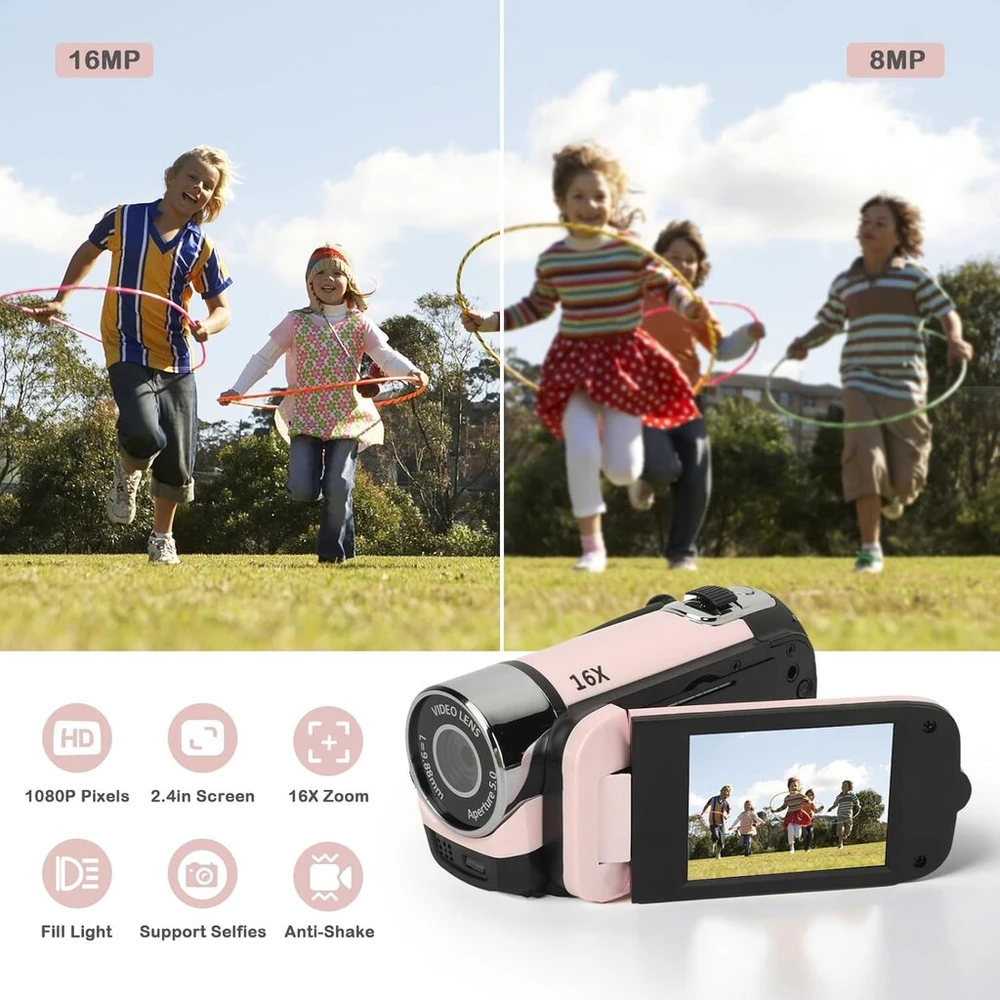 1080p hd skaitmeninis fotoaparatas, 16x priartinimo vlogų vaizdo kamera su 2,4 colio pasukamu ekranu fotografijai, nešiojamas 16 mp asmenukių fotoaparatas su papildoma šviesa (rožinis)
