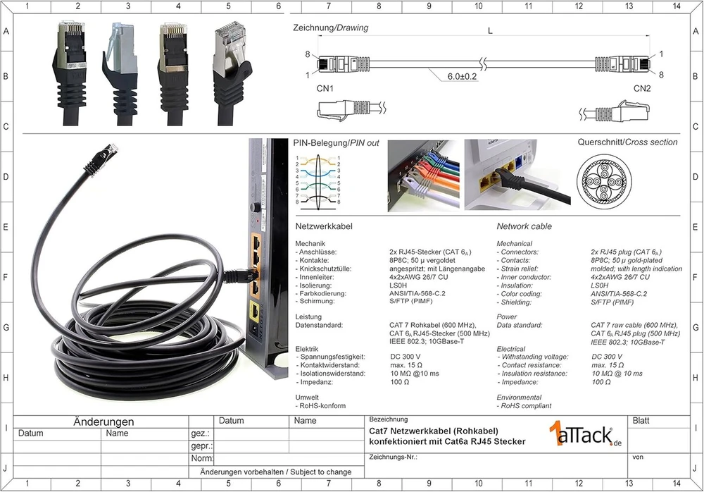 10m - reds - Cat.7 - tinklo kabelis patchcable lancable ethernet (komplektas) - 10gbase-t - 10000 mbps - Cat7 S-ftp dvigubai ekranuotas Pimf 600mhz