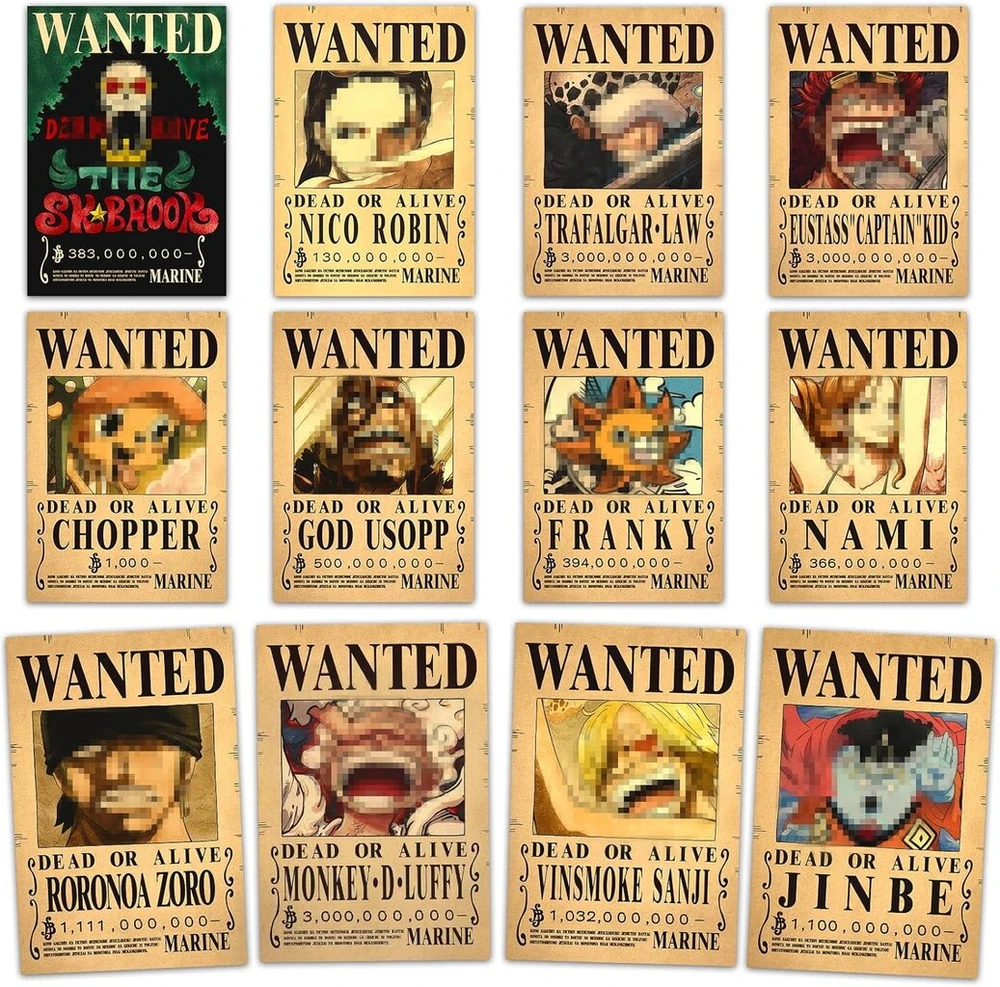 Plakatas 12 anime plakatų rinkinys, wanted plakatai, 19.8 x 28.4 cm, vintažiniai, anime dekoracijos, anime sienų dekoravimo plakatams