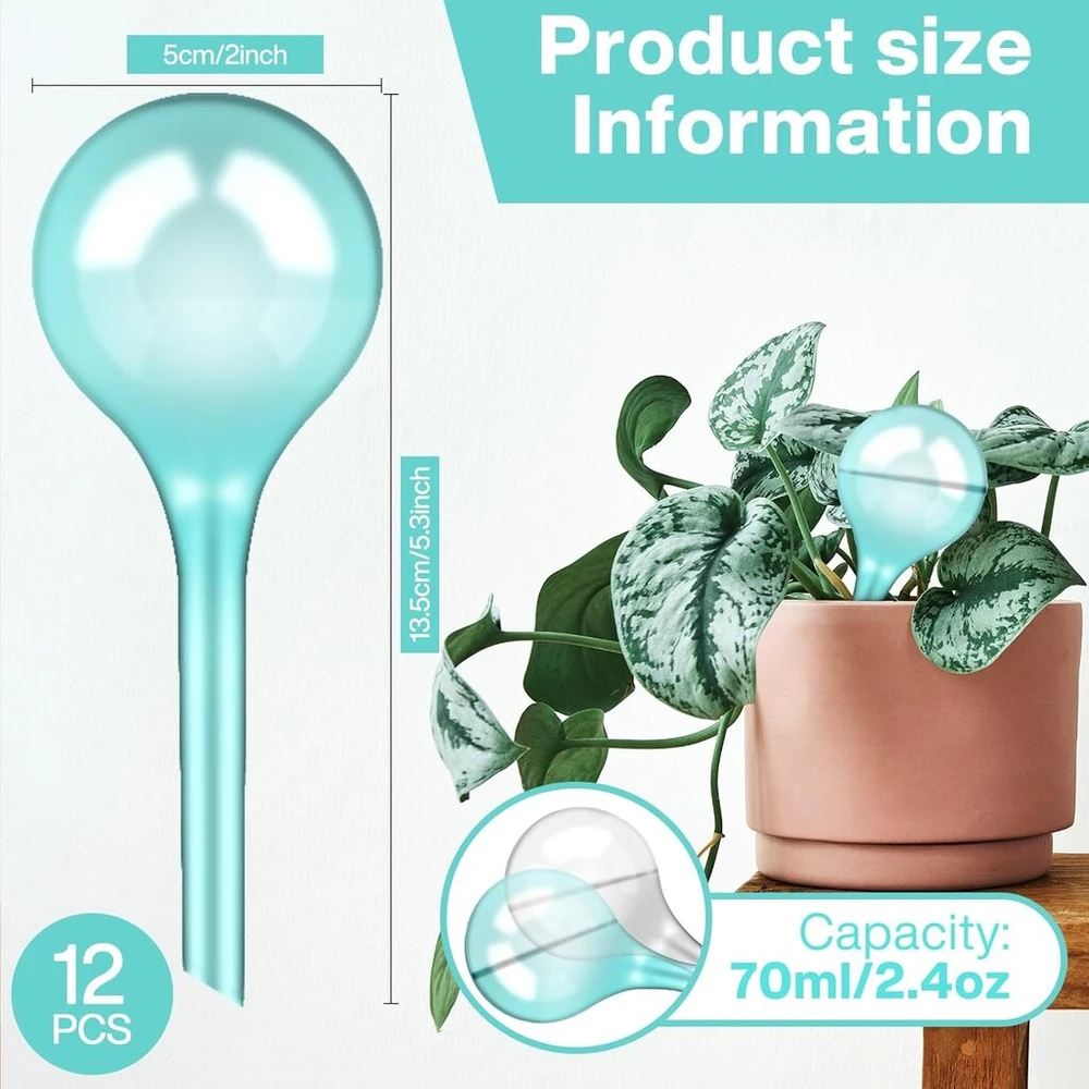 12 mažų augalų laistymo kamuoliukų rinkinys 13 x 5 cm, mėlyni + skaidrūs Pvc, automatiniai savaiminio laistymo kamuoliukai vazoniniams augalams, vandens dozatorius augalams 4-7 dienoms