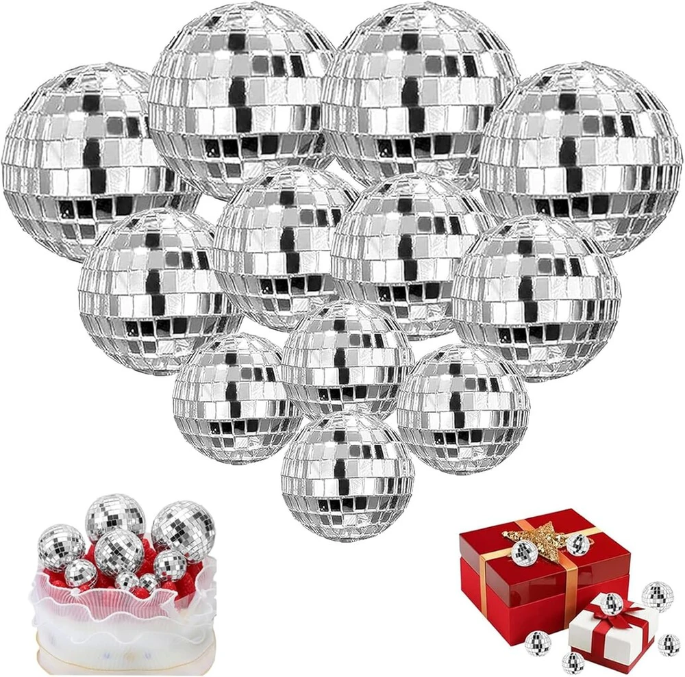 12 mini disko kamuoliukų rinkinys, disko kamuolys, mažas, disko kamuolio dekoracija, atspindintys disko veidrodiniai kamuoliukai, disko mini dekoravimo kamuoliukai, "pasidaryk pats" dekoracijos, tinkami kalėdų eglutėms, pyragams, šviestuvams, vakarėliams