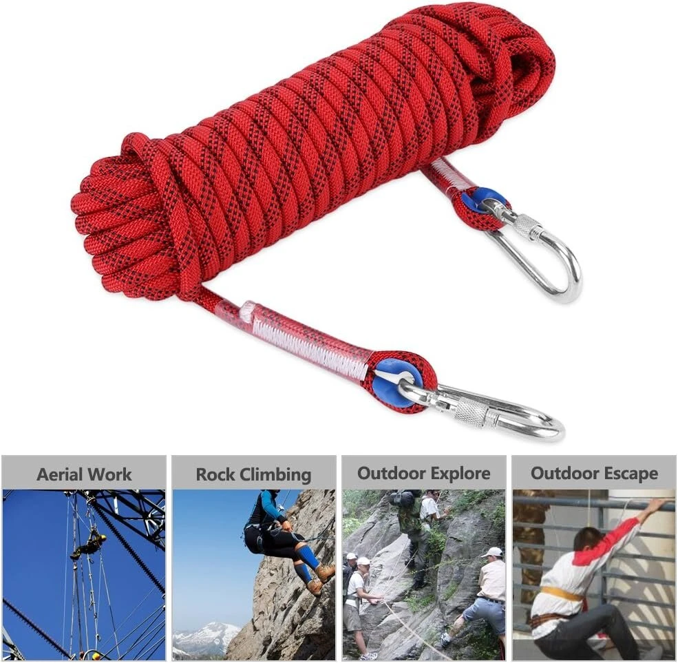 12 mm tvirta alpinizmo virvė, skirta lauko saugumui, profesionali alpinizmo virvė, paracord virvė, speleo išgyvenimo papildoma virvė, alpinizmo įranga su karabinu (10 m)