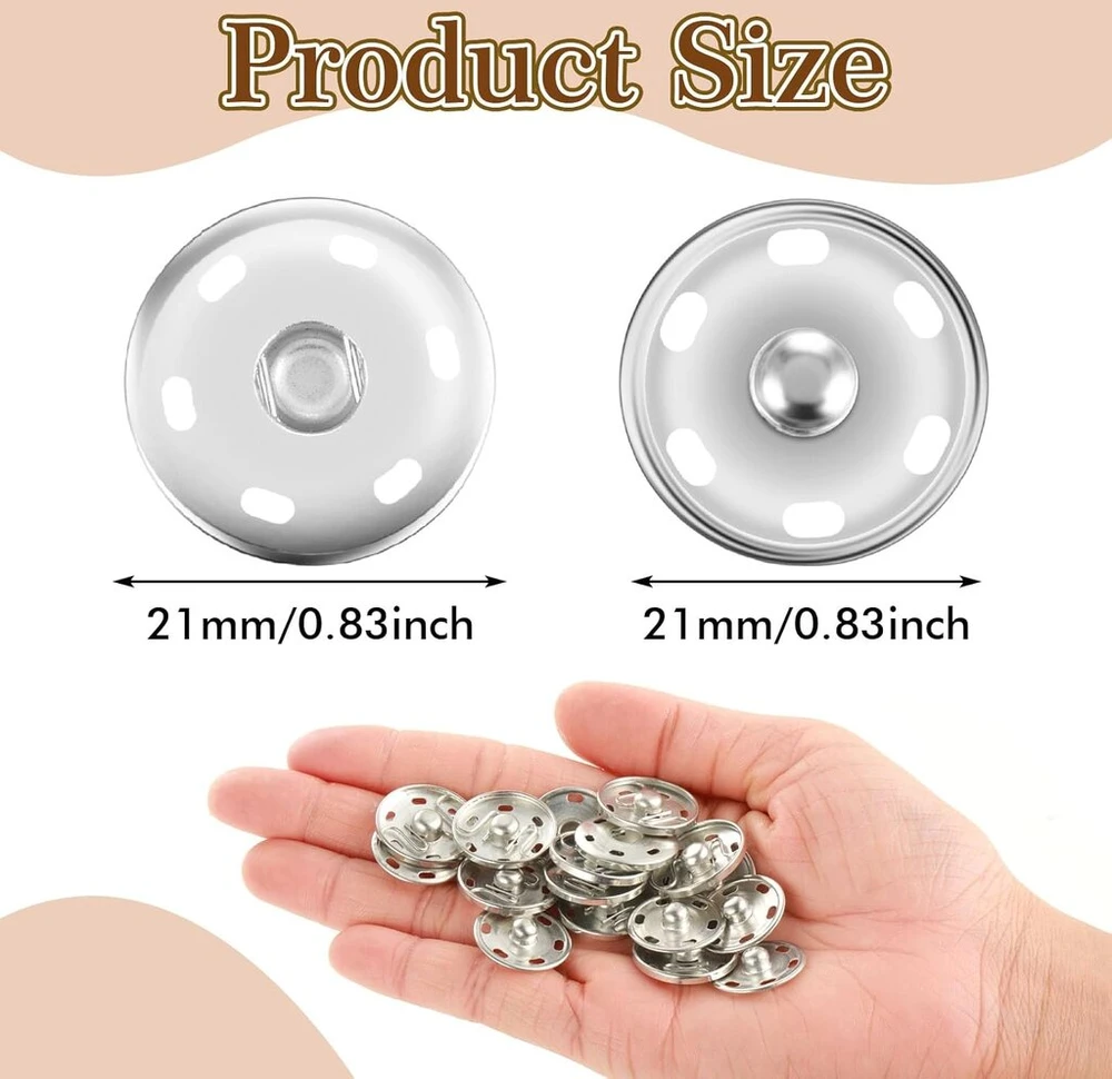 12 spaudžių rinkinys siuvimui, 21 mm metalinės prisiuvamos spaudės, spaudės siuvimui, piniginei, suknelėms, rankinei, rankdarbiams, „pasidaryk pats“ (sidabrinės)