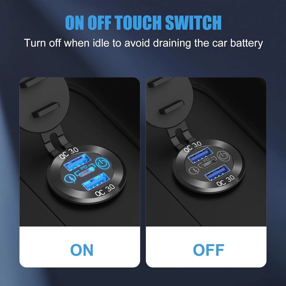 12 V Usb aliumininis automobilinis įkroviklio lizdas Pd3.0 Type C ir dvigubas Quick Charge 3.0 Usb prievadas, daugkartiniai vandeniui atsparūs 12 V Usb lizdai su jutikliniu jungikliu, saugiklio kabelių rinkinys automobiliui, valčiai, jachtai, Rv, motocikl