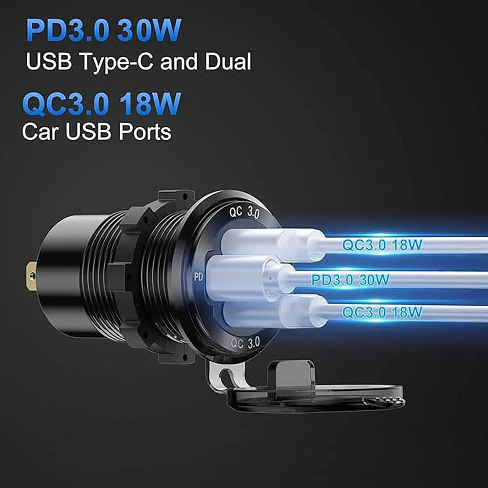 12 V usb lizdo laido aliuminio automobilinis įkroviklis su keliais prievadais, dvigubas usb qc 3.0 prievadas ir pd usb-c lizdas su voltmetro jungikliu automobiliui, valčiai, jachtai, sunkvežimiui, greitas įkrovimas, skirtas iphone ipad android mobiliesiem