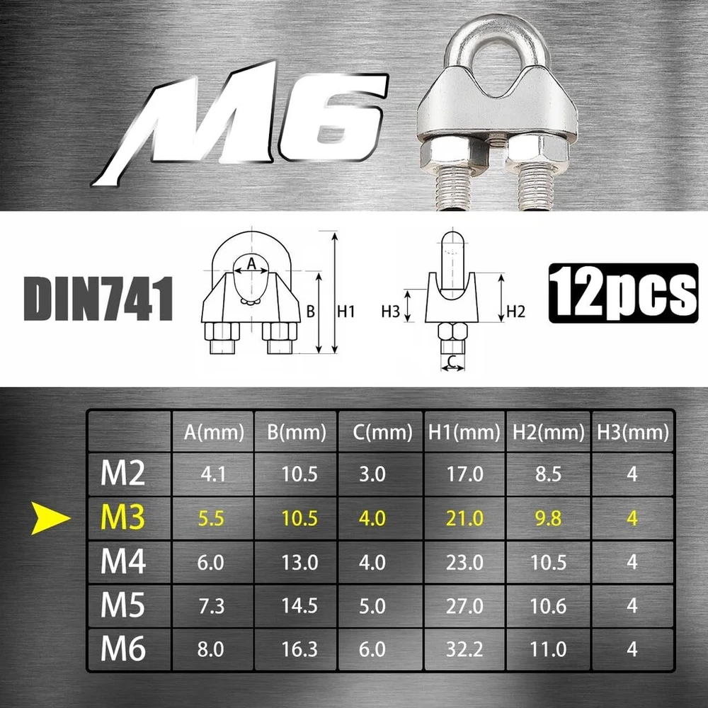 12 vnt. nerūdijančio plieno lynų spaustukai, 3 mm