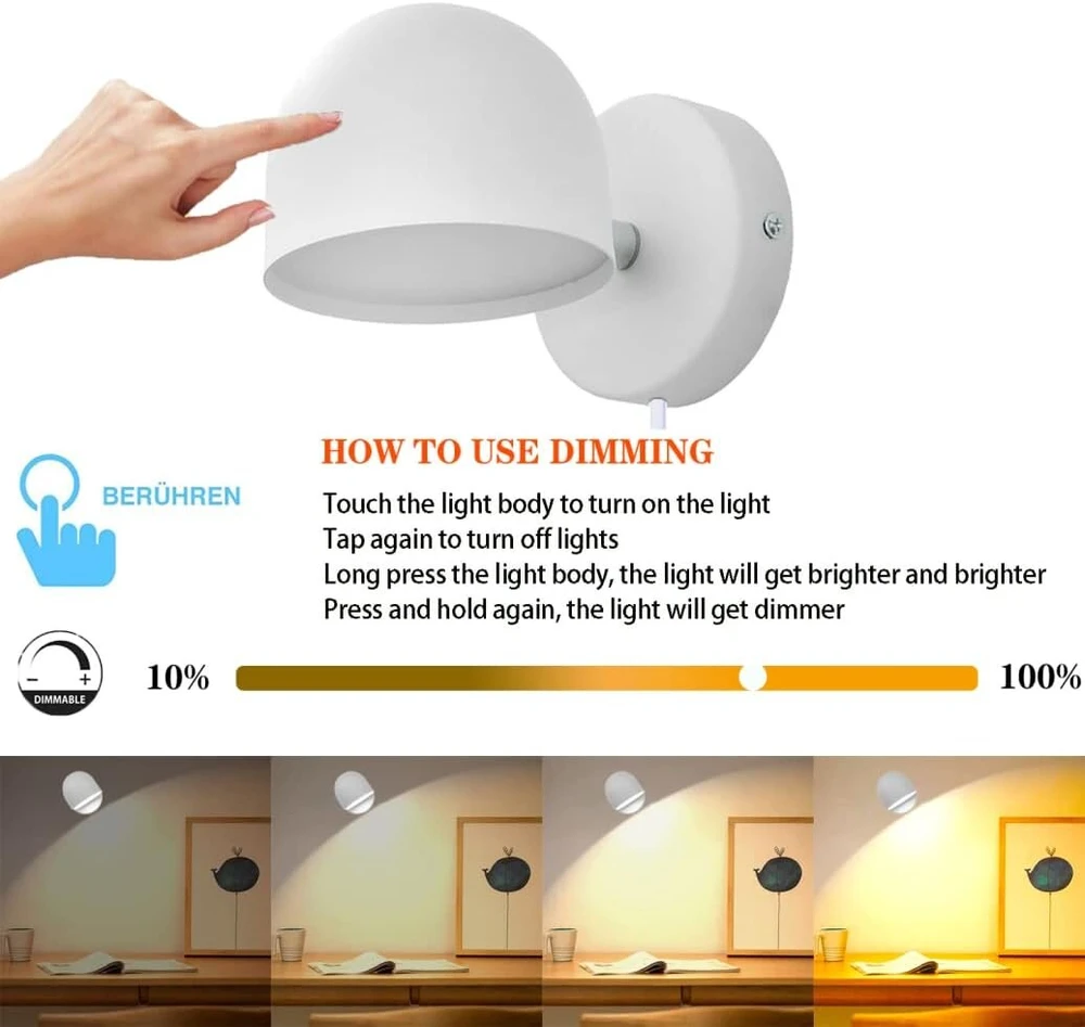 Lova 12 W led sieninis šviestuvas su kištuku, valdomas lietimu, reguliuojamas sieninis šviestuvas, 360° besisukantis šviestuvas prie lovos, 3000 K šilta balta reguliuojama skaitymo lemputė svetainei, miegamajam, laiptams, koridoriui, biurui, baltas