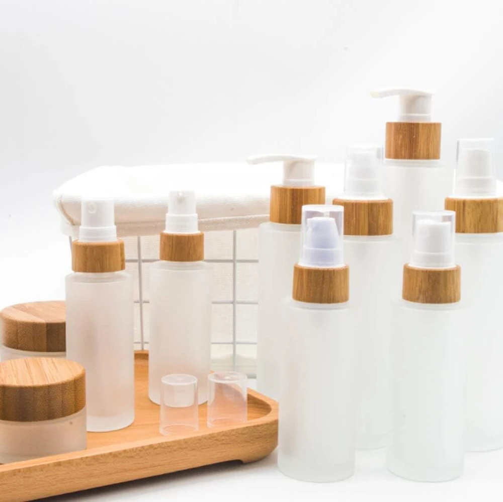 120 ml stiklinis muilo dozatorius stiklinis buteliukas su pompa losjonui, muilui, skysto muilo buteliukai dozatorius su medine pompa kremui, šampūnui, tualeto reikmenims
